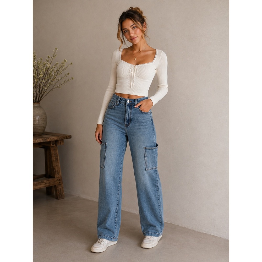 Judy Blue Cargo High Waisted Denim Jeans Preppy Soft Girl Streetwear Minimalist